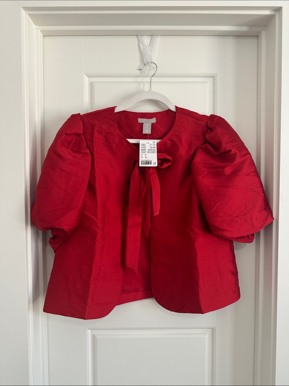 H&M Red Puff-Sleeve Tie-Front Cape Jacket